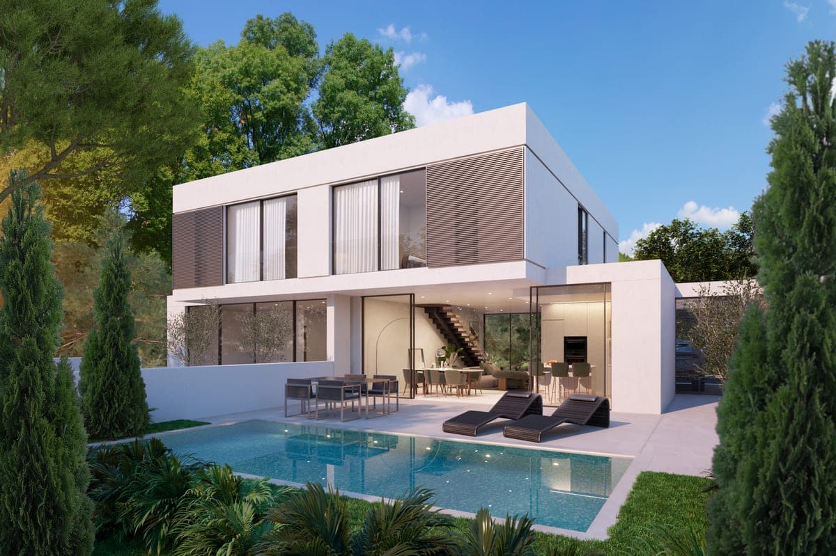 Modern two-storey white house with a private pool, sun loungers and a dining terrace