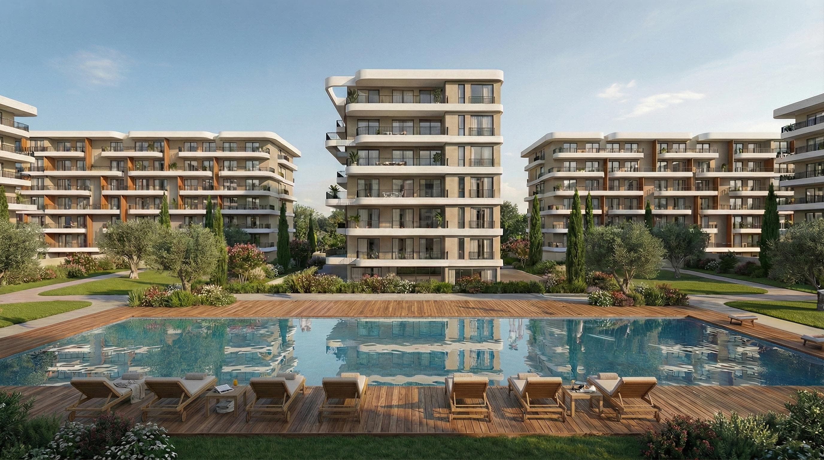 Exterior rendering of Balance, the gated mixed-use residential community in Livadia, Larnaca — 700 metres from the Mediterranean shoreline, adjacent to the €1.2 billion Larnaca Port and Marina redevelopment.