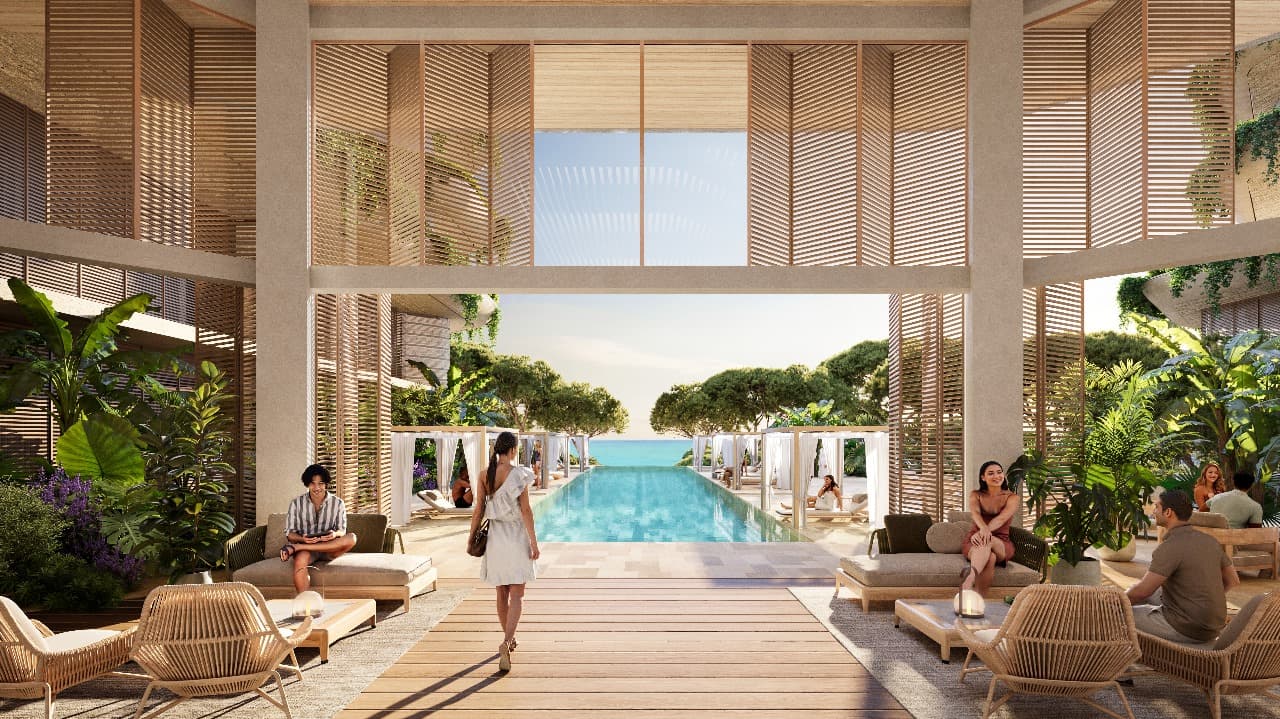 How Land of Tomorrow will change Larnaca — rendering of the renaturalised waterfront and coastal pine forest of the Foster + Partners masterplan on the Larnaca–Dhekelia road, Cyprus.