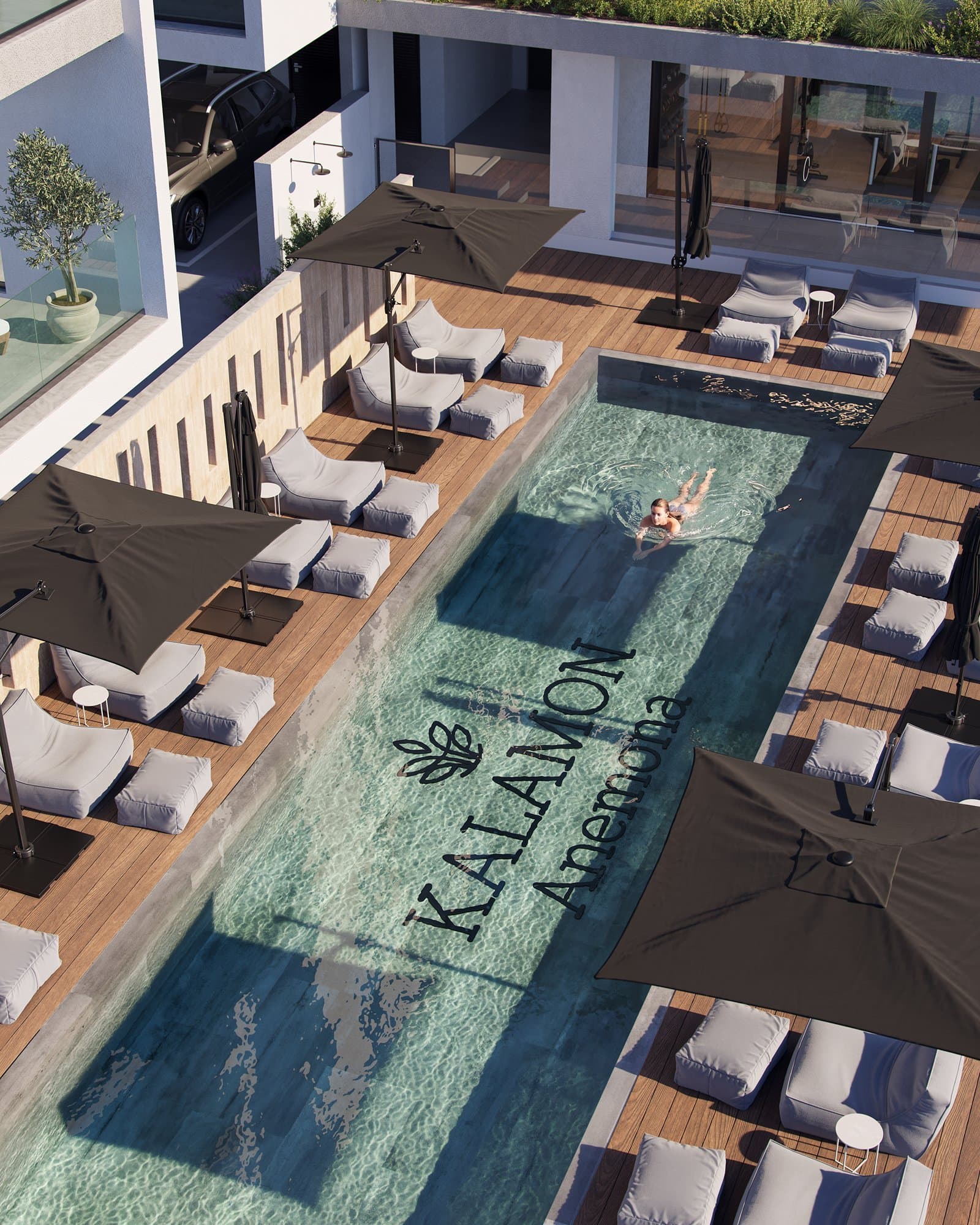 Kalamon Anemona Larnaca — contemporary twin-block gated apartment complex in the residential hills of Aradippou with stone and wood interior finishes